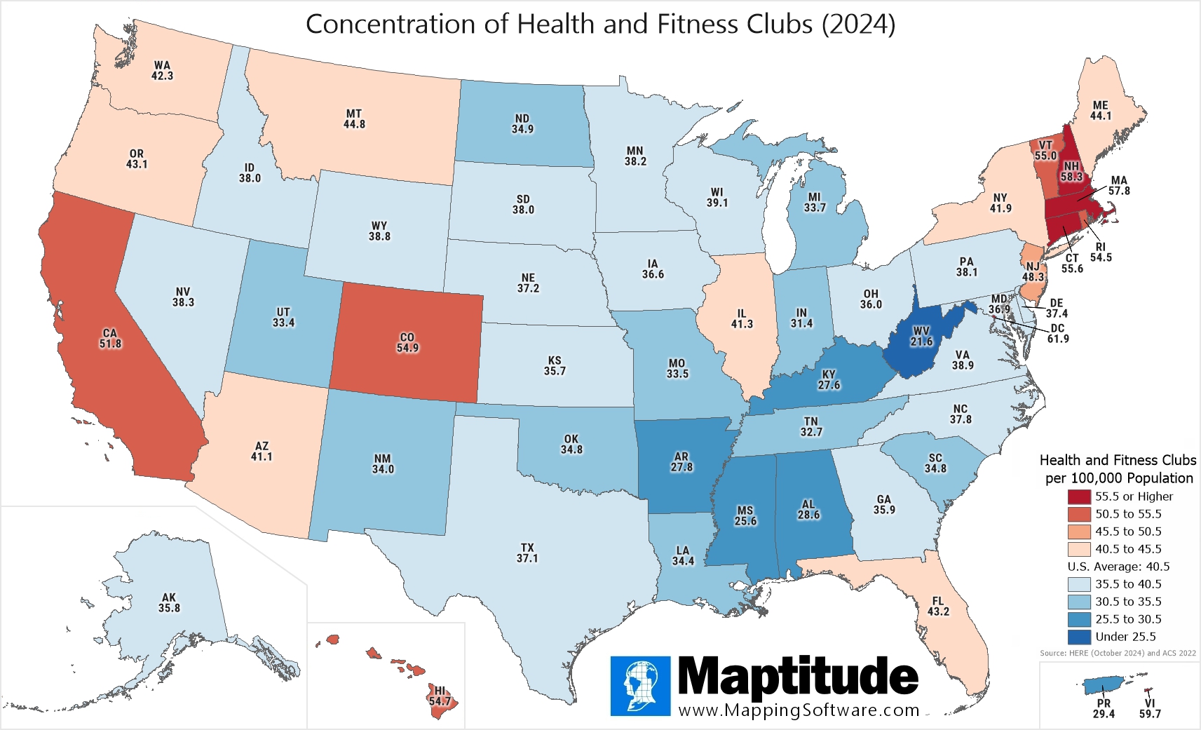 Maptitude mapping software infographic of the number of health and fitness clubs per 100,000 population by U.S. state/territory