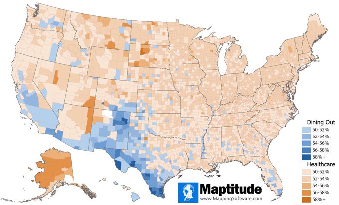 Map comparing healthcare and dining out expenditure by U.S. County