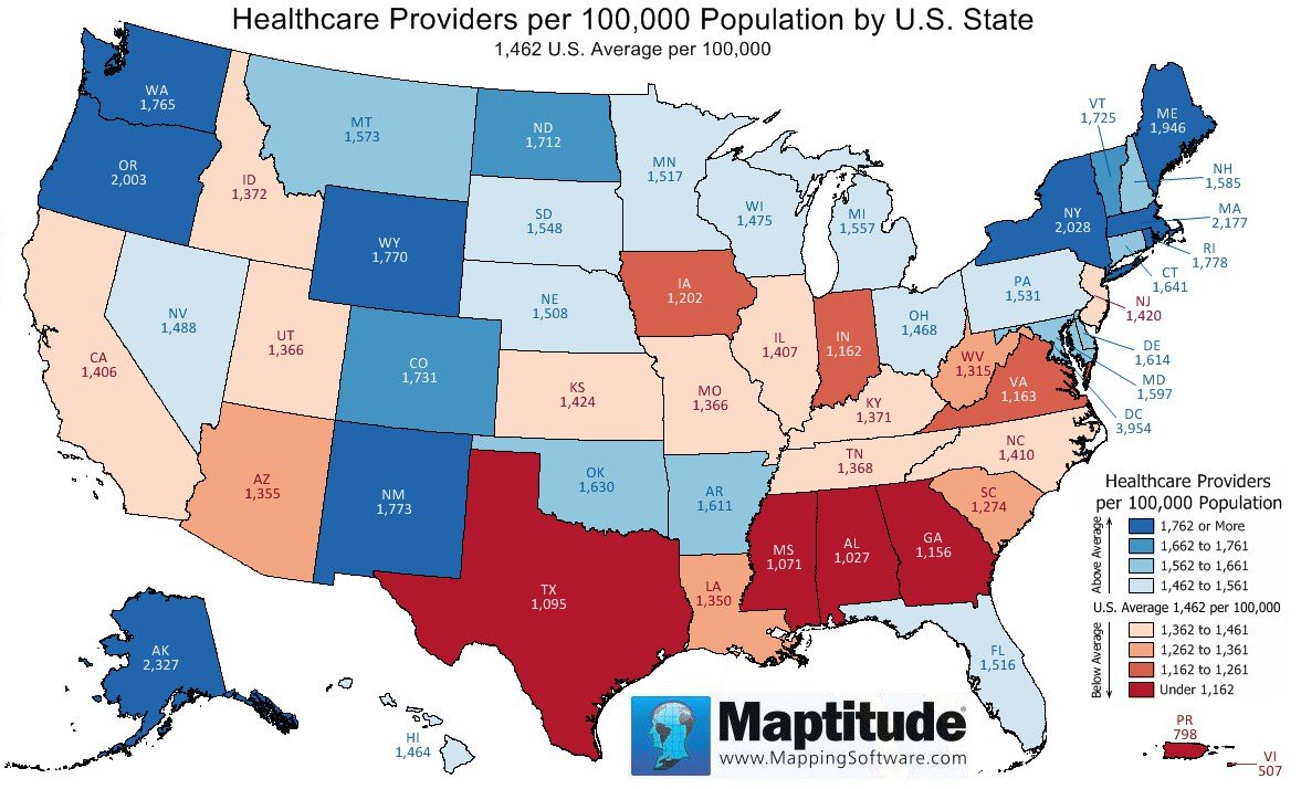 Featured Maptitude Map: Healthcare Providers per 100,000 population by U.S. state