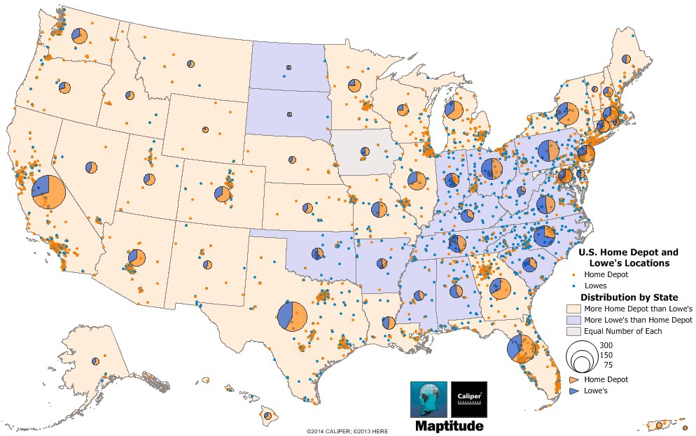 Maptitude map of Home Depot and Lowe's Locations