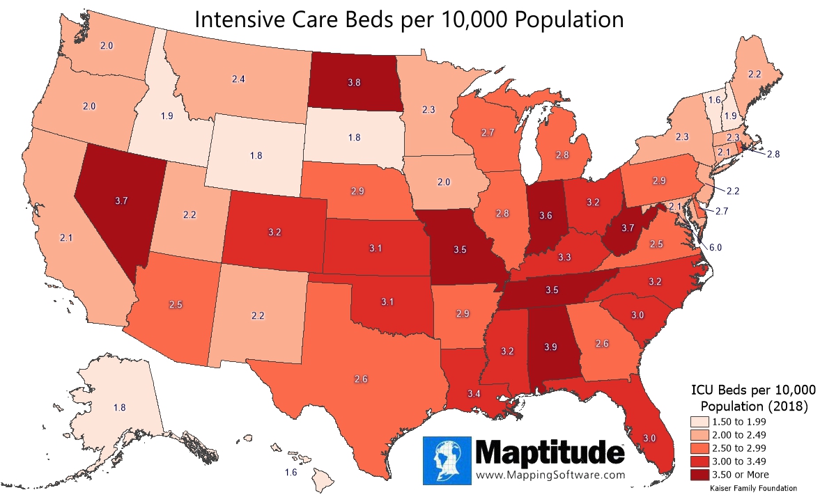 Maptitude mapping software map infographic of ICU bed availability by state