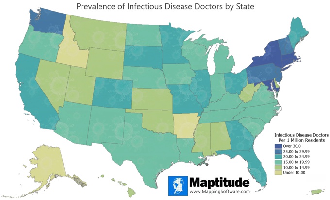 Maptitude map with color theme of prevalence of infectious disease doctors by state