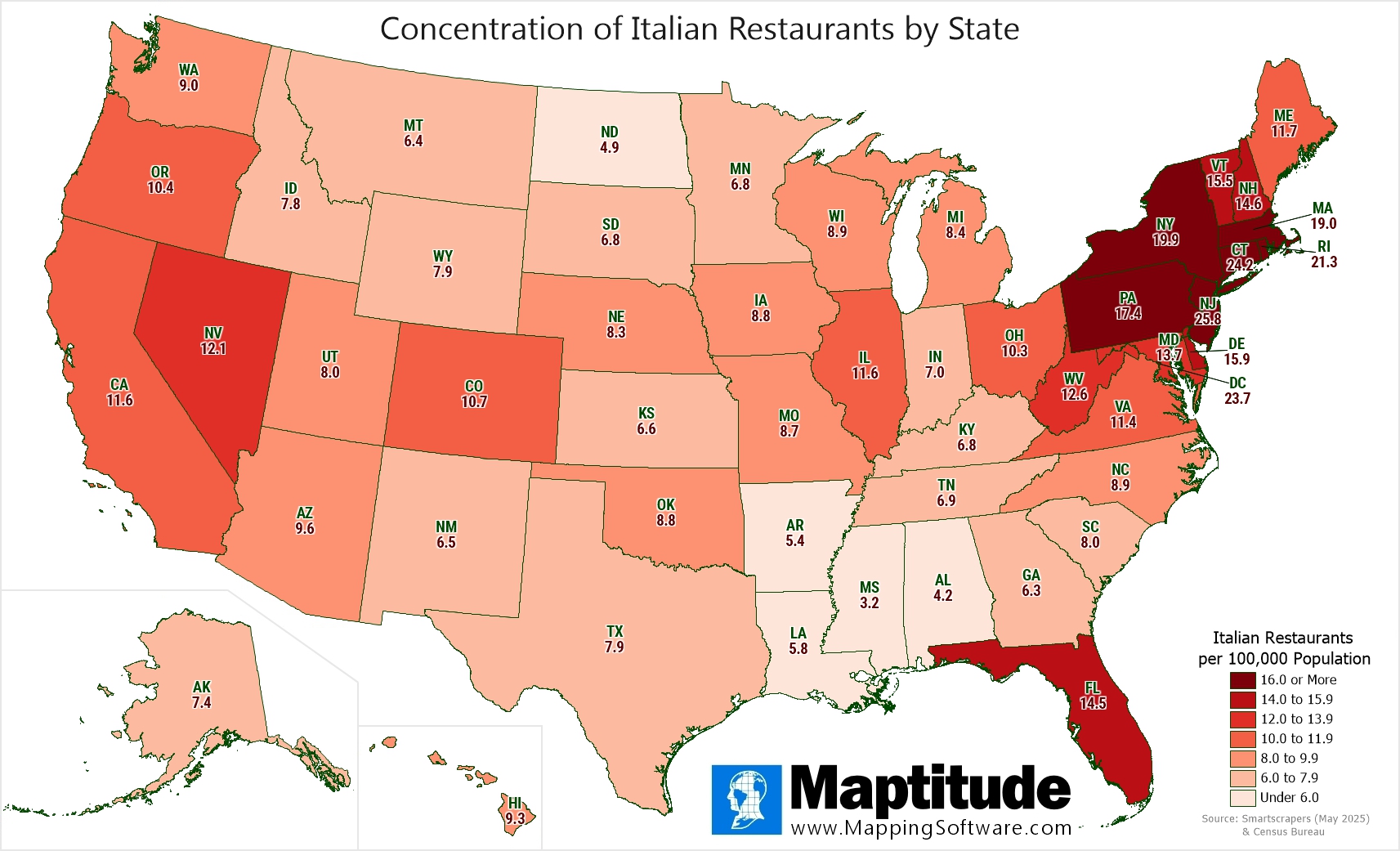 Maptitude mapping software infographic of Italian restaurants per 100,000 population by state
