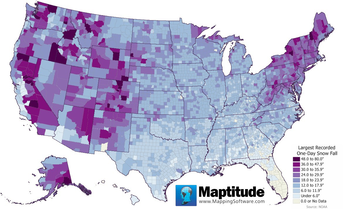 Maptitude map of snow extremes by county