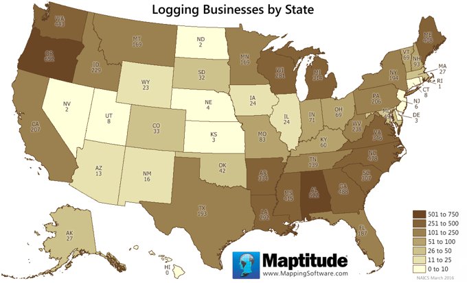 Maptitude map of logging businesses by state