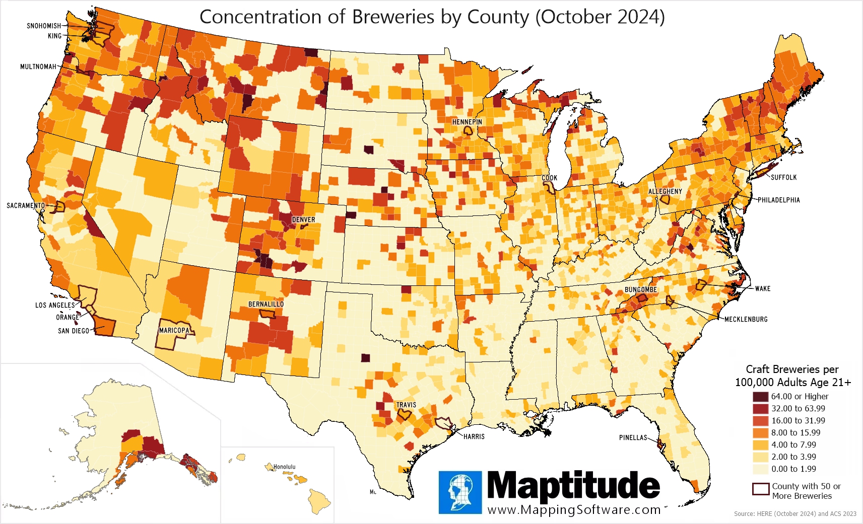 Maptitude mapping software infographic of breweries by county