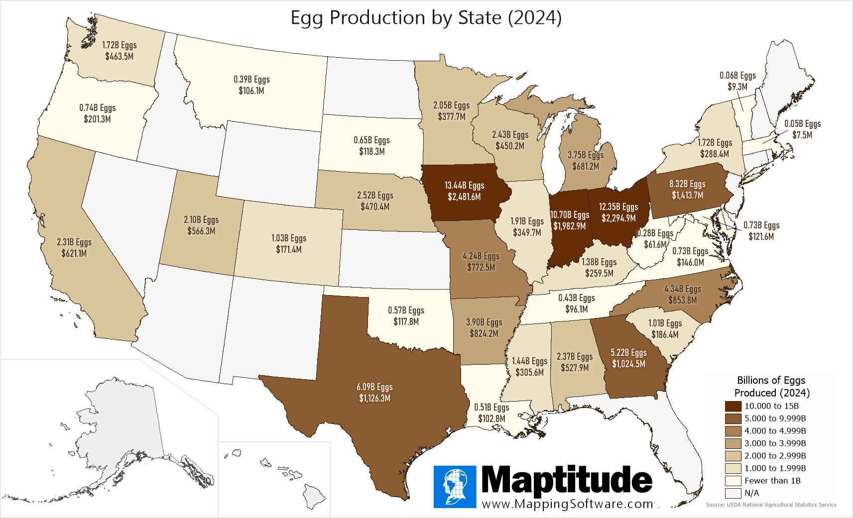 Maptitude mapping software infographic of egg production by state for June 3 National Egg Day