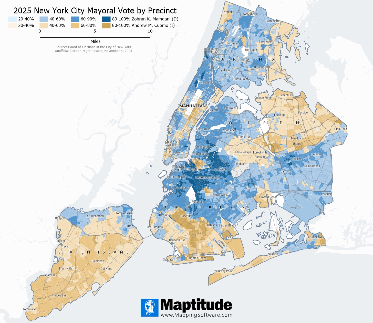 Maptitude mapping software infographic of 2025 New York City mayoral election results by precinct