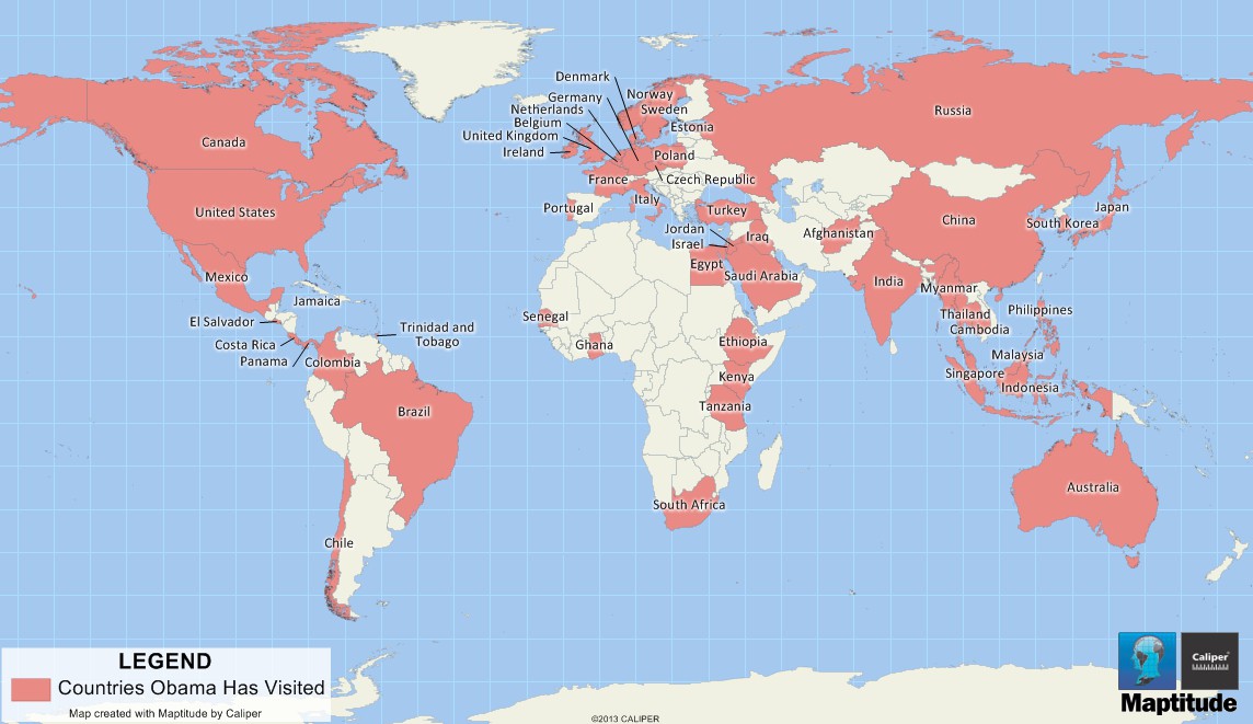 Maptitude mapping software map of countries Obama has visited