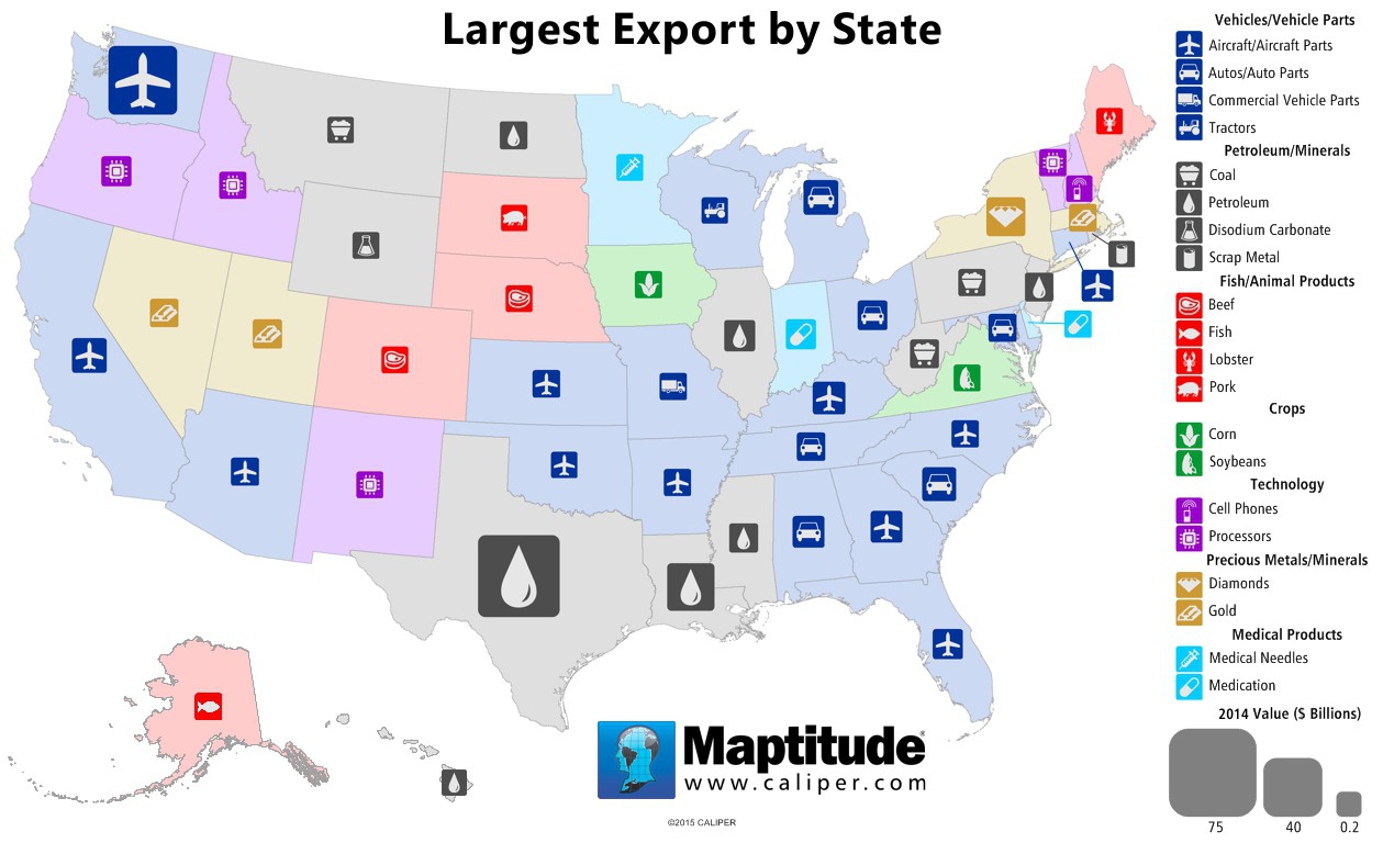 Maptitude map of largest export by state