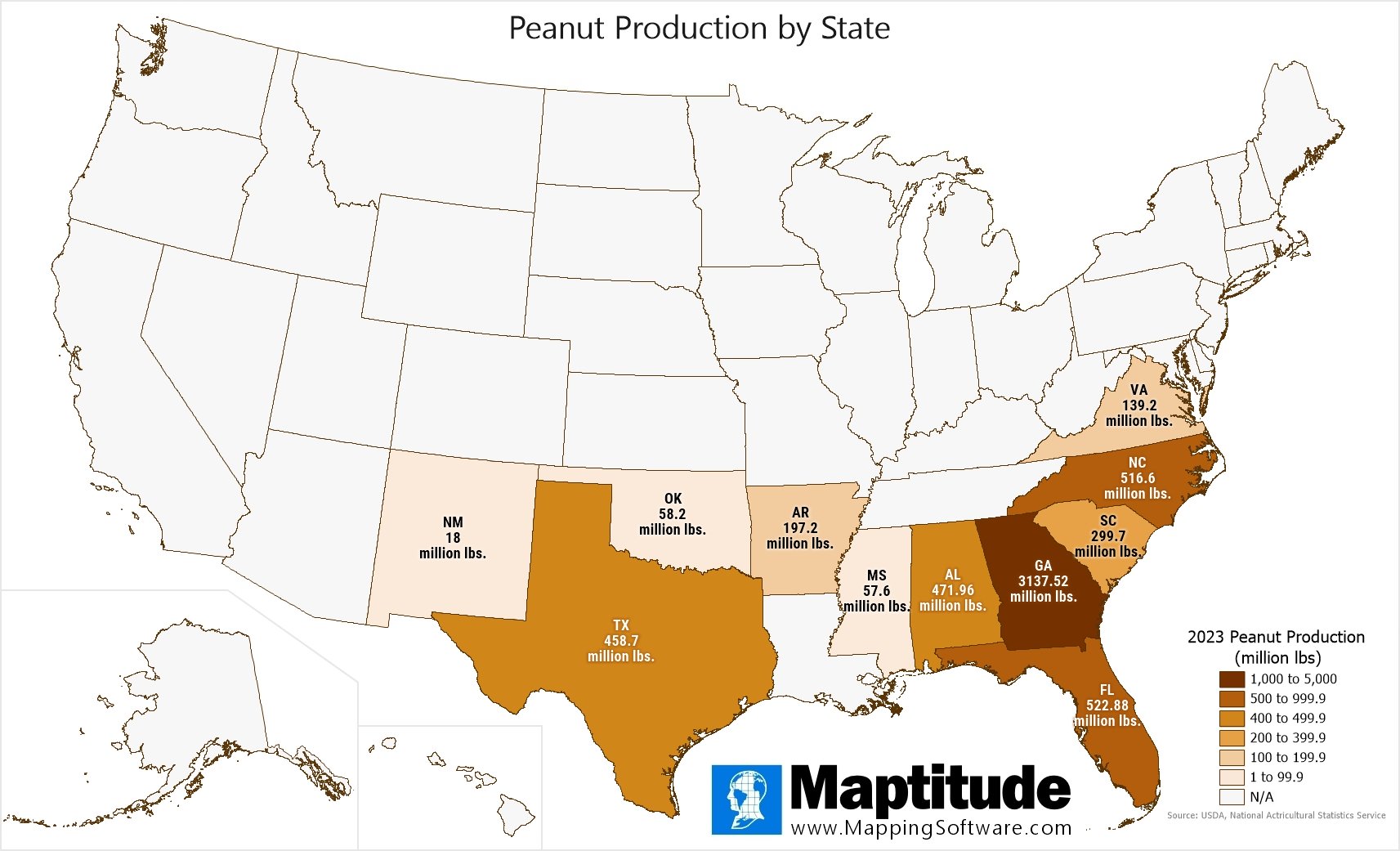 Maptitude mapping software infographic of peanut production by state for National Peanut Day