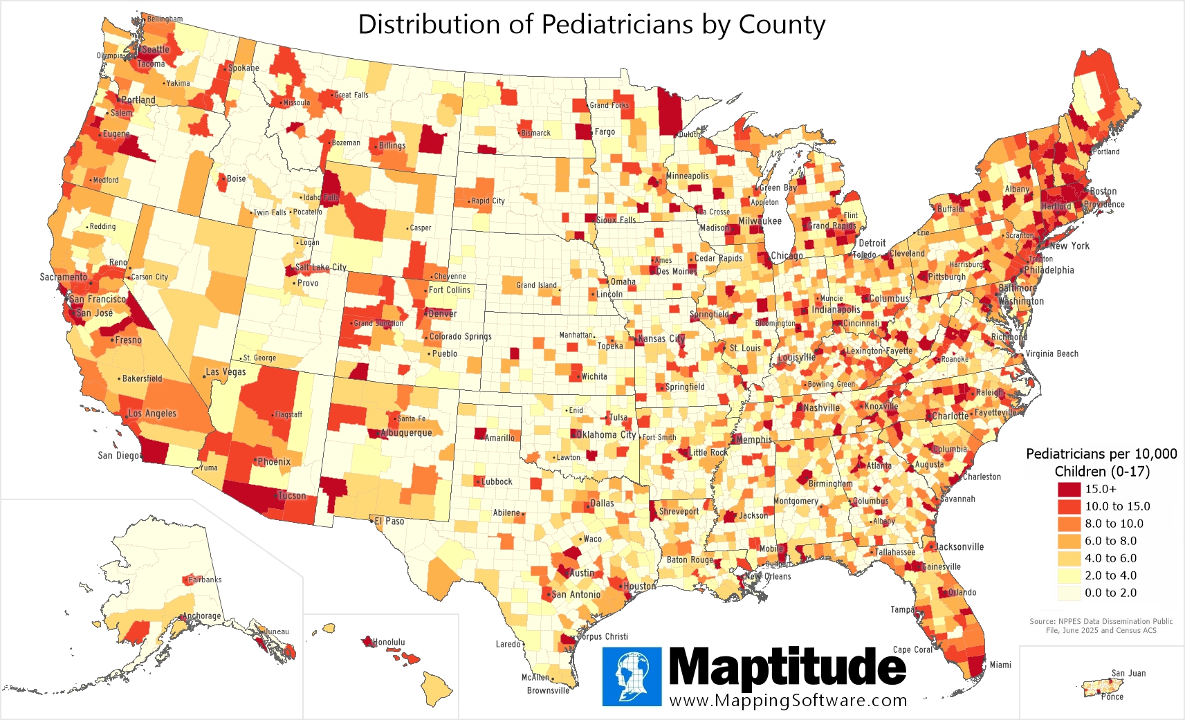 Maptitude mapping software infographic of pediatricians per 10,000 children by county