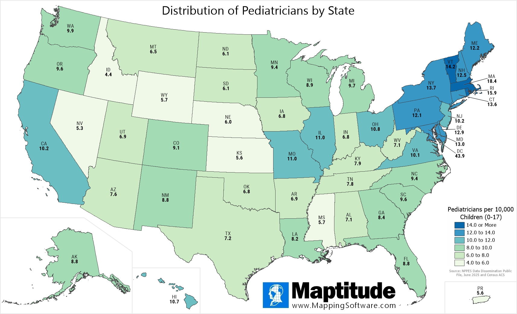 Maptitude mapping software infographic of pediatricians per 10,000 children by state