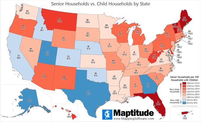 Maptitude map of senior households per 100 households with children by state
