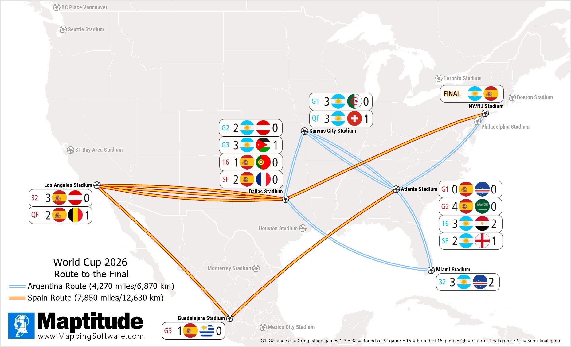 Maptitude mapping software infographic of the travel paths of Argentina and Spain to get to the World Cup final