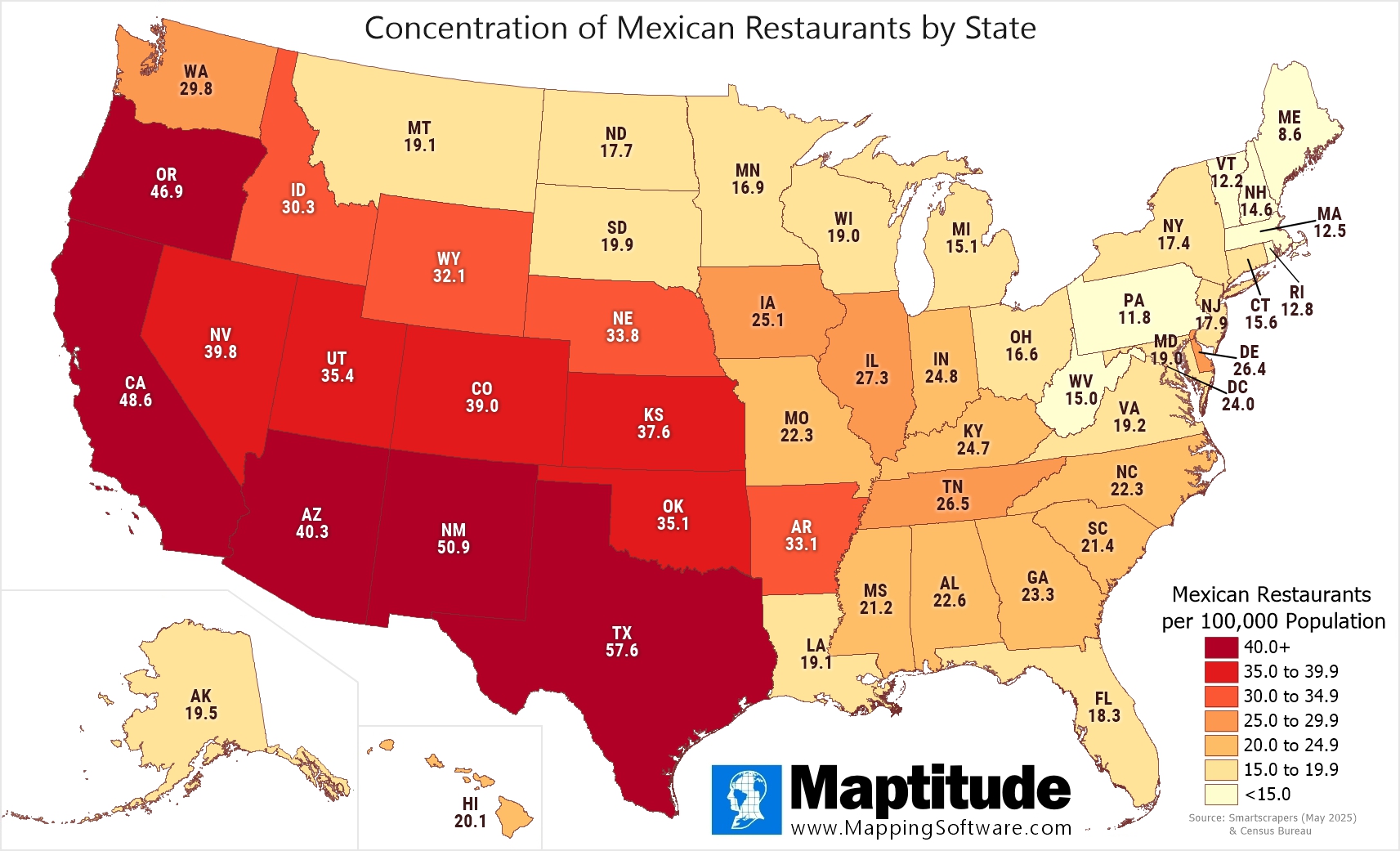 Maptitude mapping software infographic of Mexican restaurants per 100,000 population by state