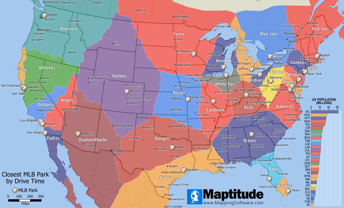 Maptitude map closest MLB parks to where you live
