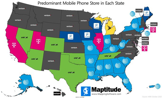 Maptitude map of predominant mobile phone store in each state