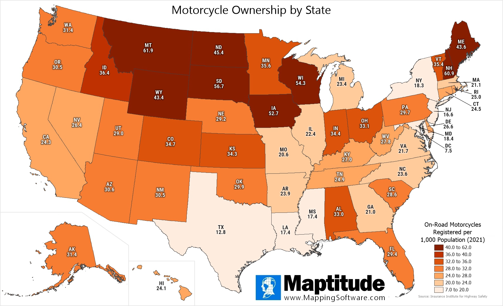 Maptitude mapping software infographic of motorcycle ownership per 1,000 population by state