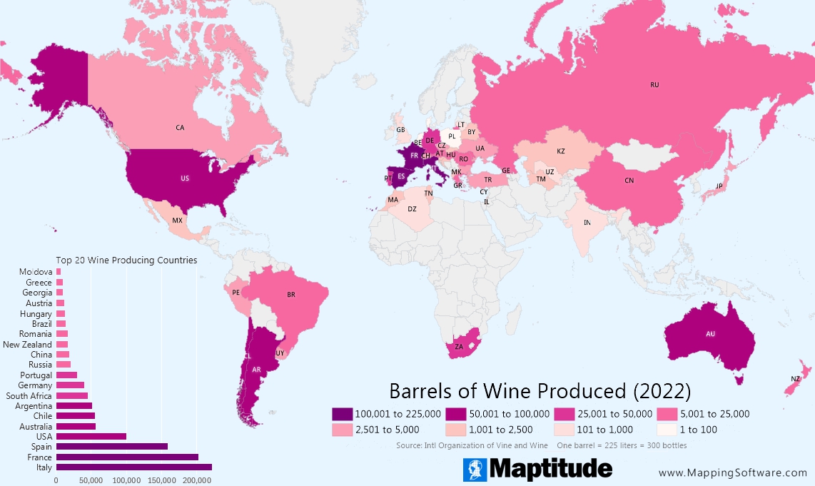 Maptitude mapping software infographic of wine production by country for February 18 National Drink Wine Day