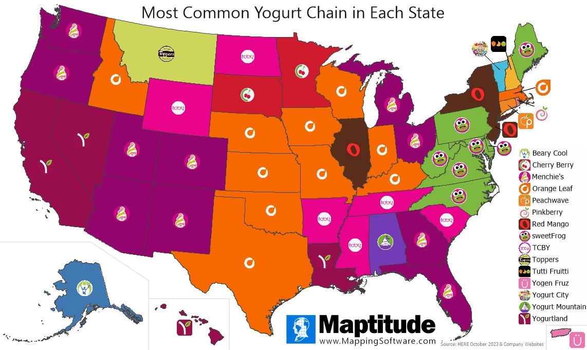 Maptitude mapping software infographic most popular frozen yogurt chains in each state