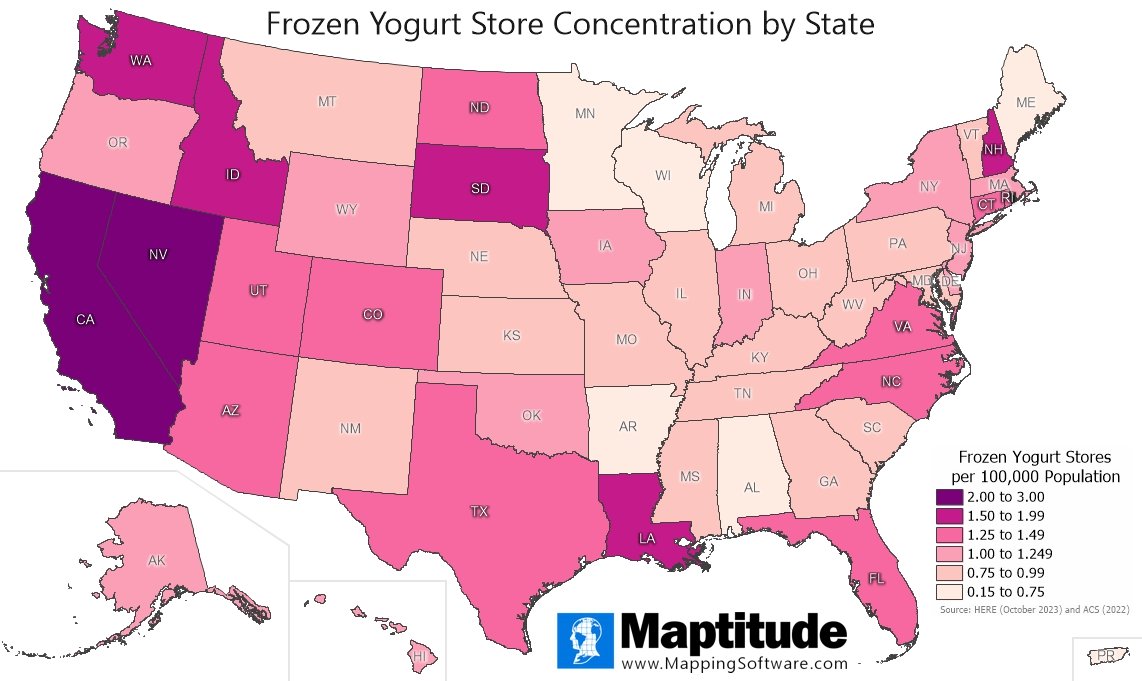 Maptitude mapping software infographic of frozen yogurt stores by state for February 6 National Frozen Yogurt Day