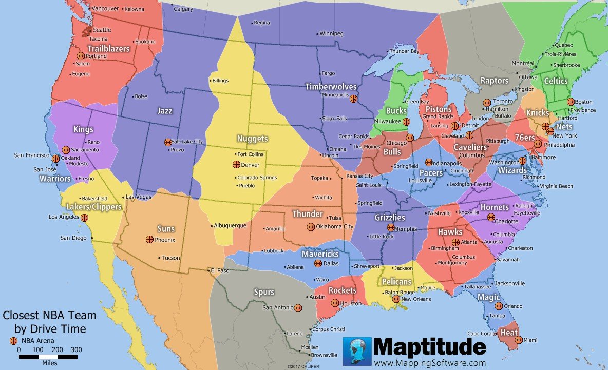 Maptitude map closest NBA arena to where you live