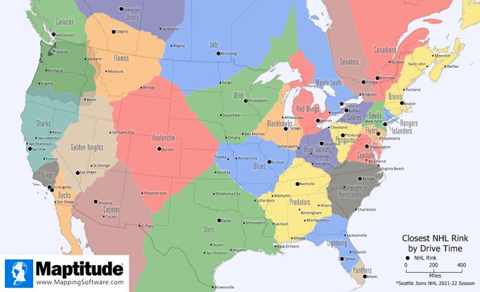 Maptitude map of closest NHL rink
