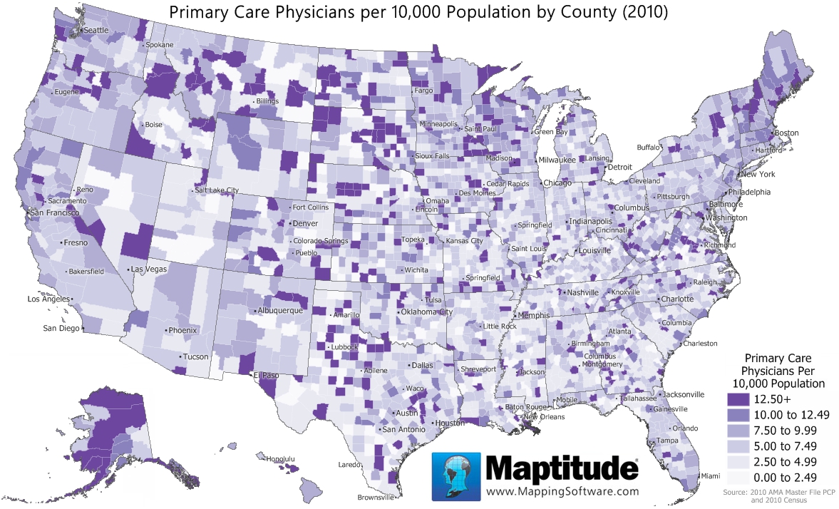Maptitude map of the number of primary care physicians in each U.S. county