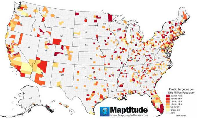 Maptitude map of plastic surgeon density by county