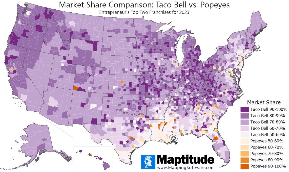 Maptitude mapping software infographic of Entrepreneur 2023 top-two franchises market share by county