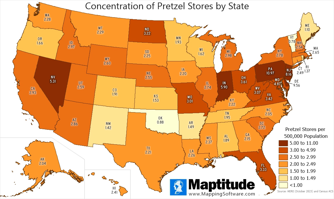 Maptitude mapping software infographic of pretzel stores by state for April 26 National Pretzel Day