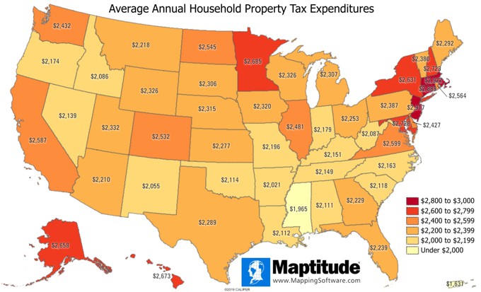 Maptitude map of Average Household Property Tax Expenditures by State