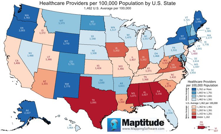 Maptitude map of healthcare providers by state