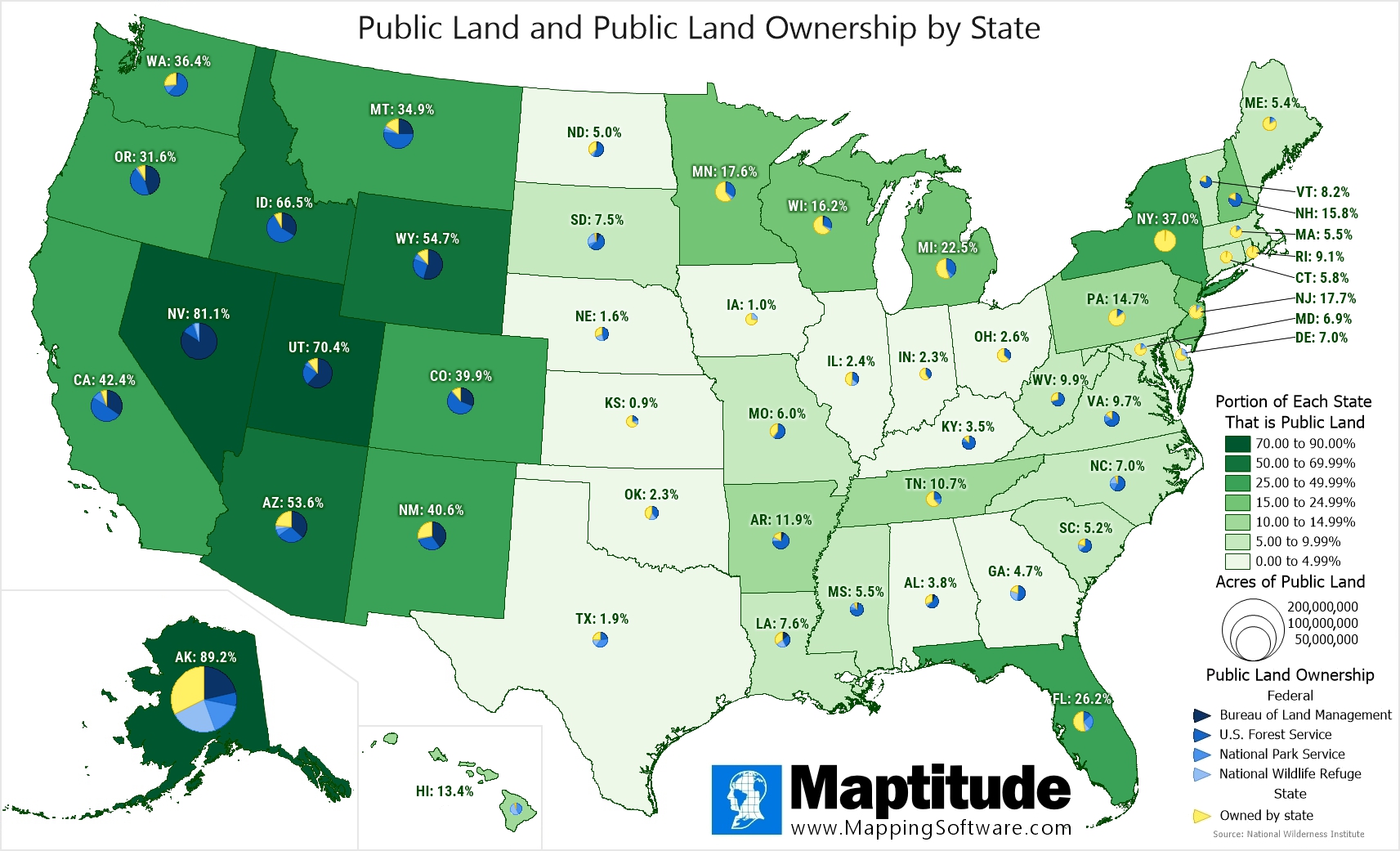 Maptitude mapping software infographic of public lands by state