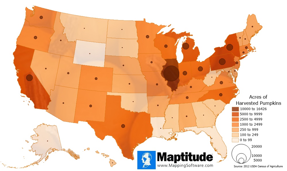 October is Halloween month, so this map shows the acres of pumpkins harvested by state