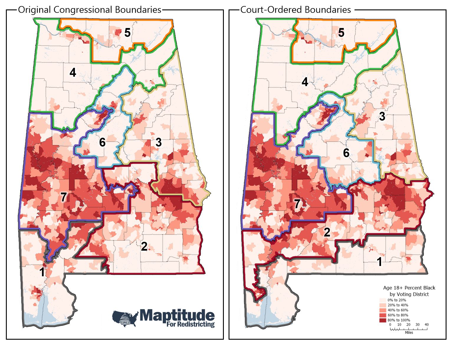 Maptitude map of Alabama congressional districts comparing original and court-ordered maps