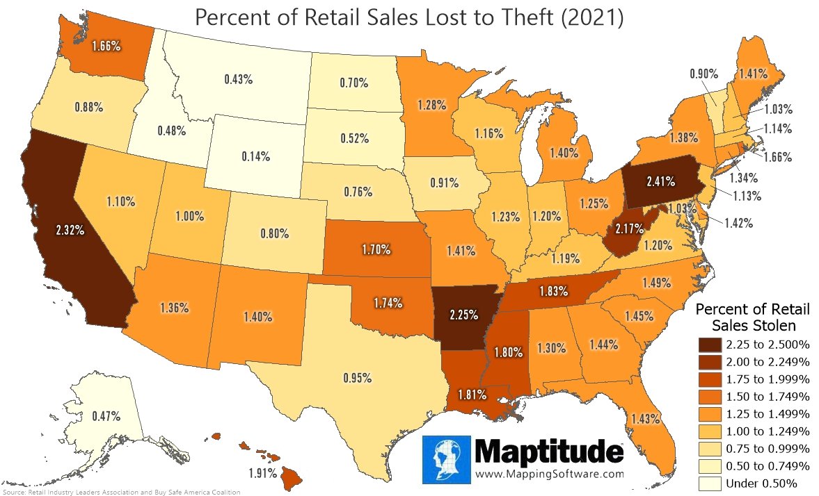 Maptitude mapping software infographic showing the rate of retail theft by state