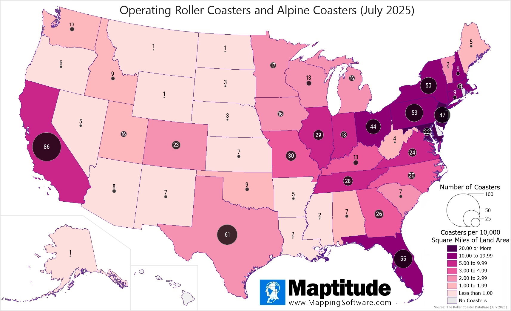 Maptitude mapping software infographic of the number of roller coasters and alpine coasters in each state