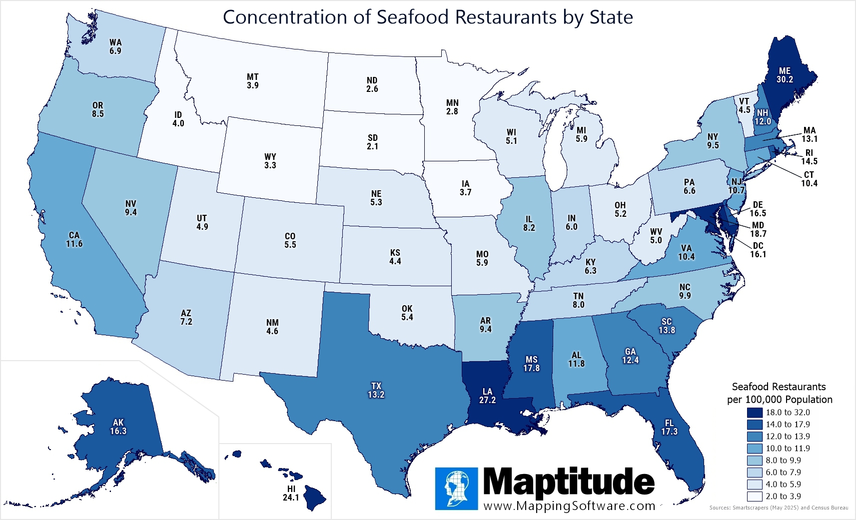 Maptitude mapping software infographic of Seafood restaurants per 100,000 population by state