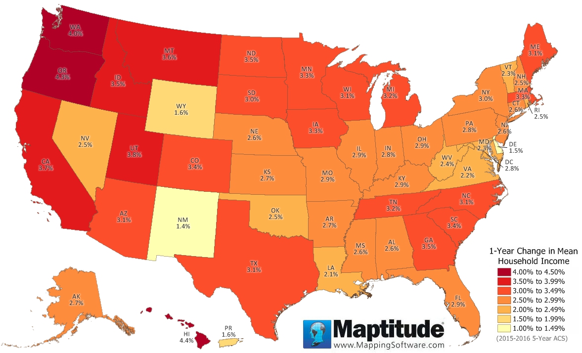 Maptitude map of growth in income by state 2015-2016