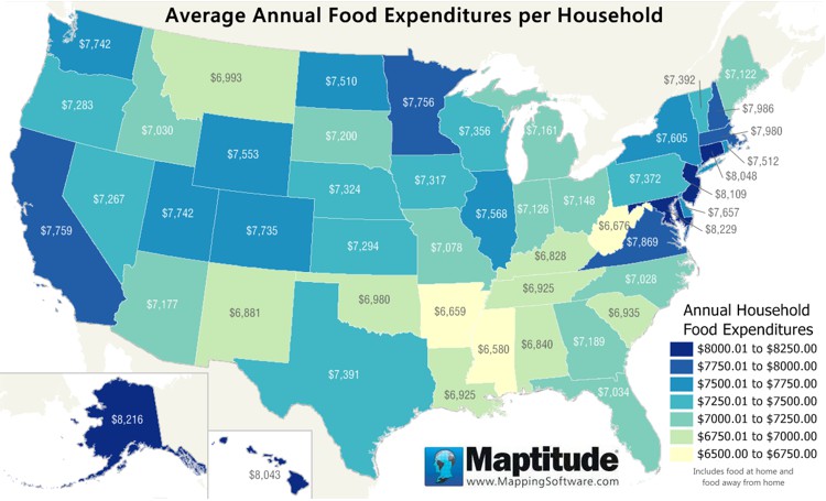 Average annual food expenditures per household by state