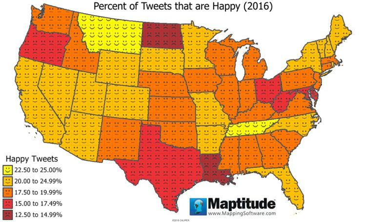 Maptitude Map of Tweets that are Happy by State