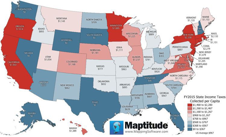 Maptitude map of states with the highest and lowest state income taxes