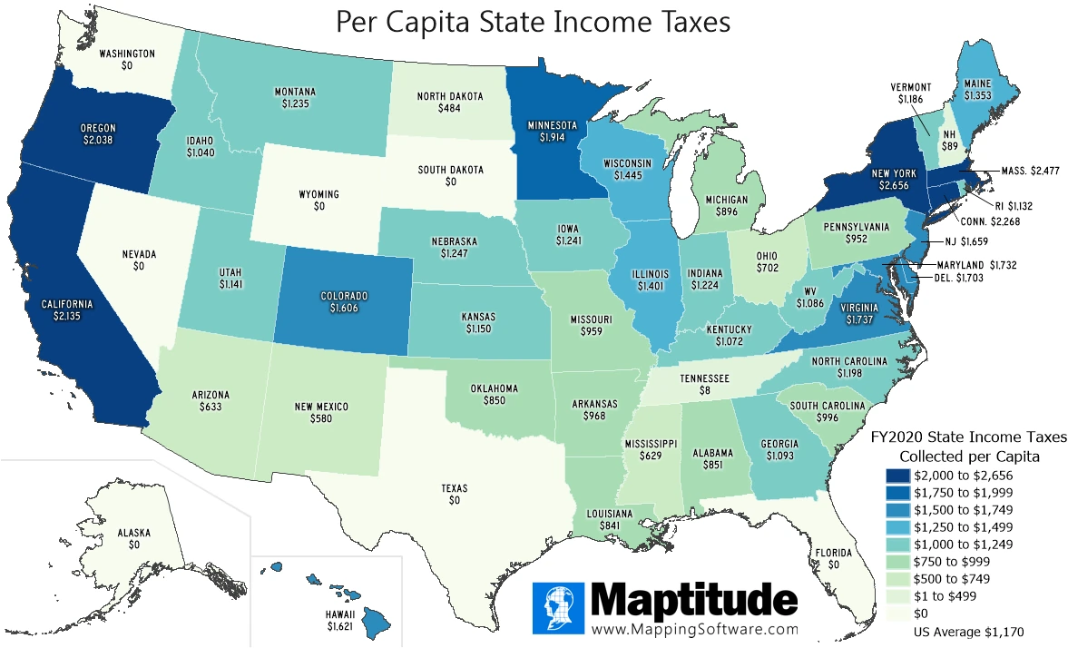 Maptitude map of states with highest and lowest state income taxes