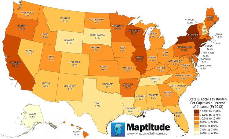 Maptitude map of per capita state tax burden as a percentage of income