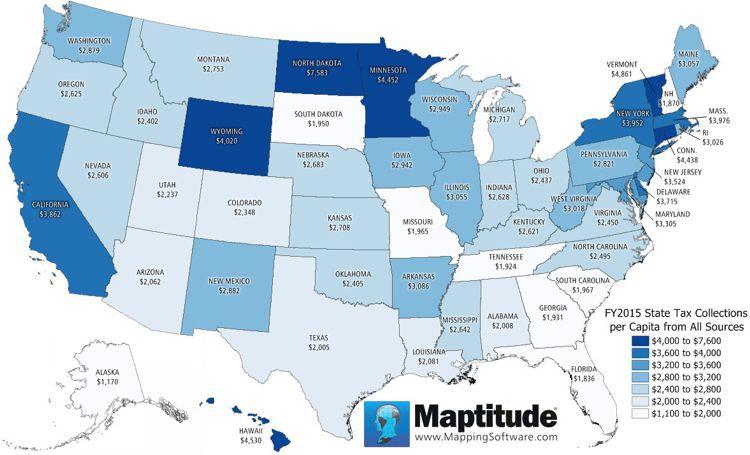 Maptitude map of per capita state tax collections