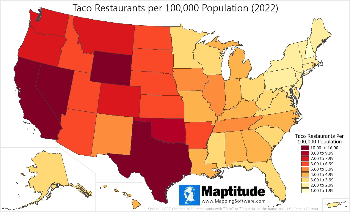 Maptitude mapping software infographic of taquerias and taco restaurants by state for October 4 National Taco Day