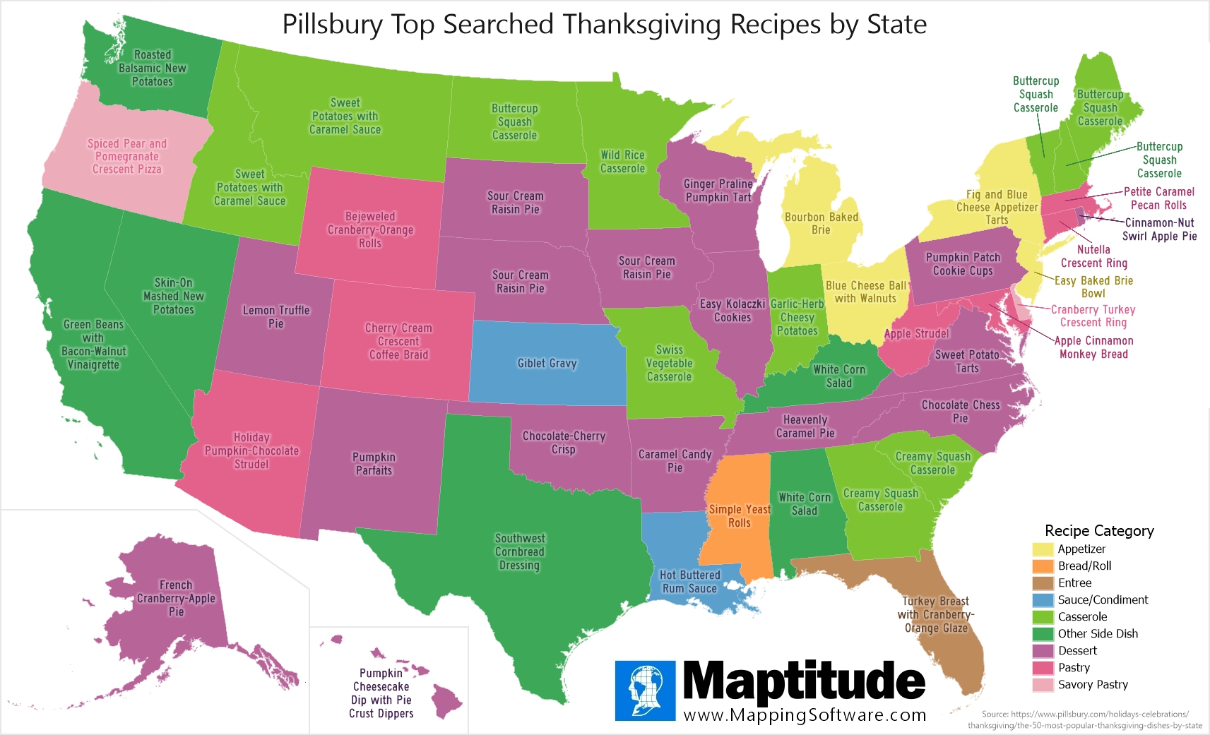 Maptitude mapping software infographic of top searched Thanksgiving recipes at Pillsbury.com