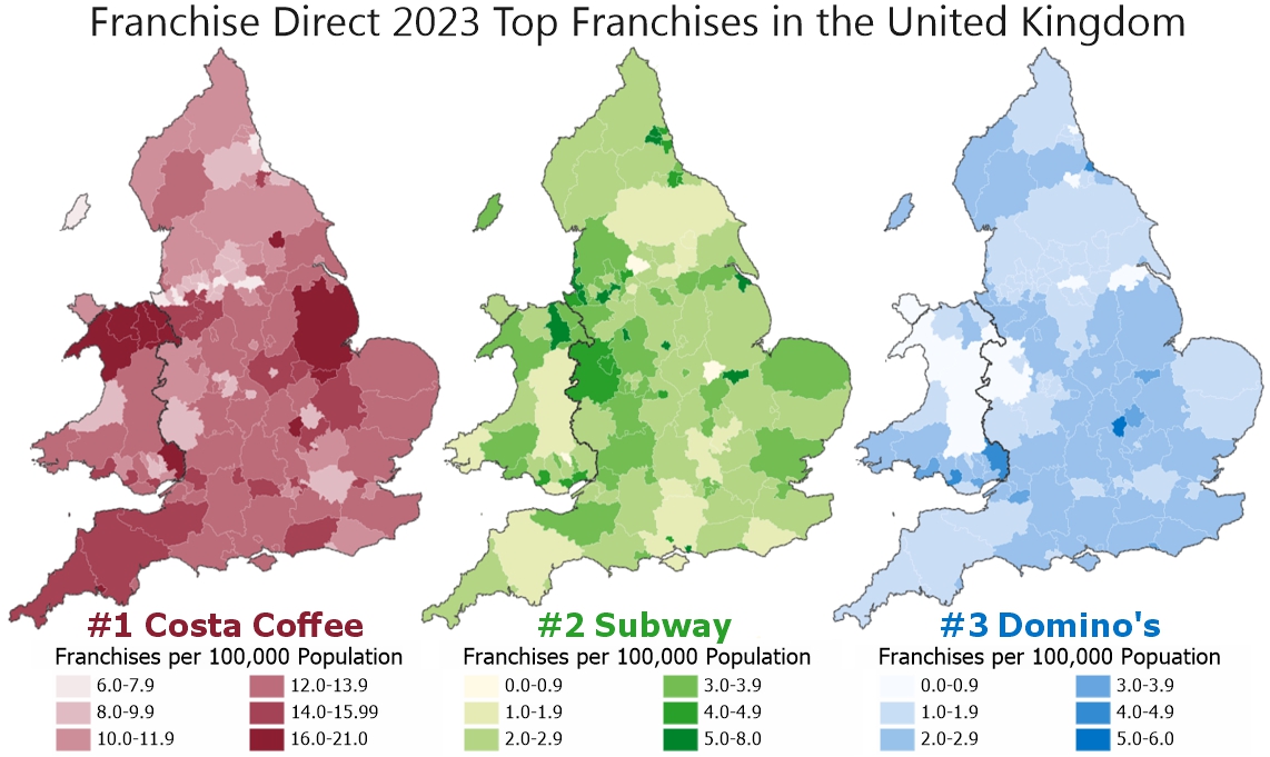Maptitude mapping software infographic of Franchise Direct 2023 top three franchises: Costa Coffee, Subway, and Domino's